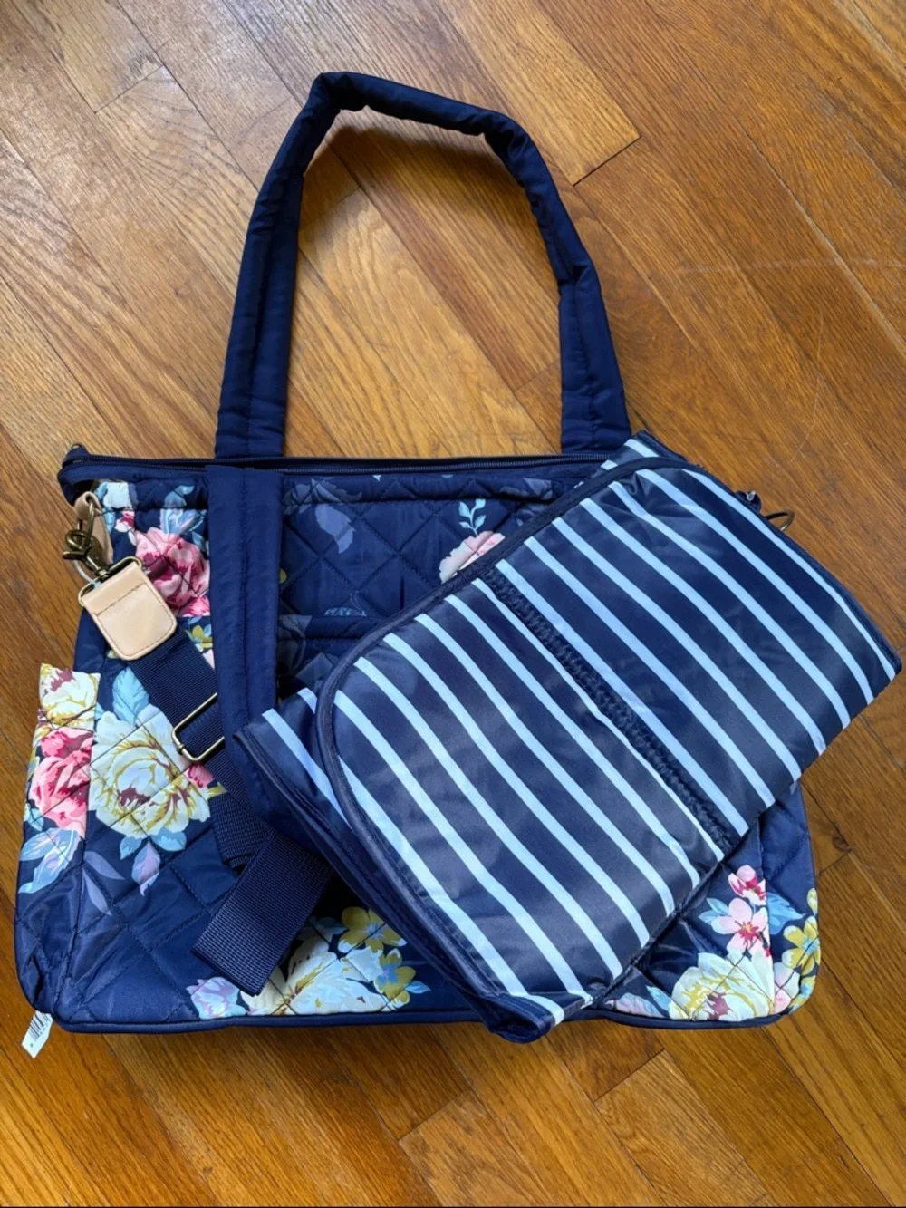 Baby Essentials Navy Quilted Floral Baby Tote With Changing Pad